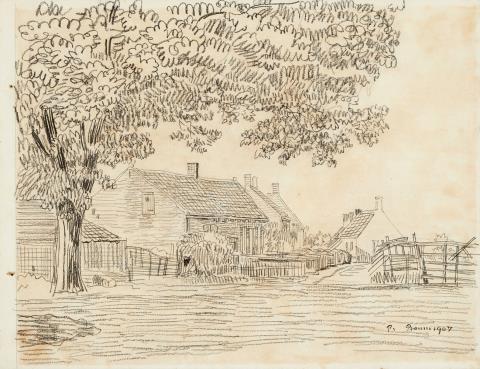 Paul Baum - Straße mit holländischen Dorfhäusern und einem mächtigen Baum. Dabei: Abzug der nach diesem Motiv geschaffenen Radierung