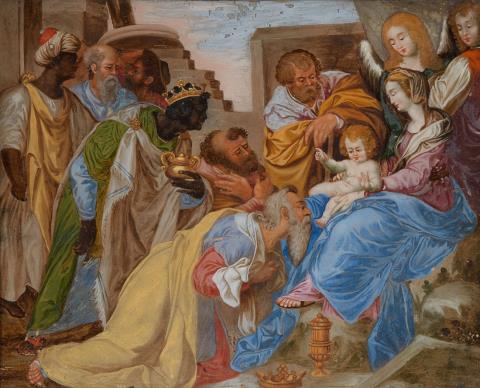 Luca Giordano - A Italian reverse glass painting of the Adoration of the Magi