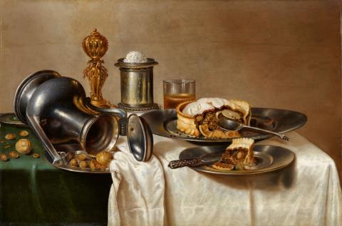 Cornelis Mahu - Still Life with a Pastry, Nuts, a Salt Dish, Pewter Plates, and a Pitcher