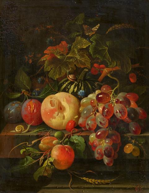 Abraham Mignon - Still Life with a Pumpkin, Peach, Damsens, Grapes, and Insects