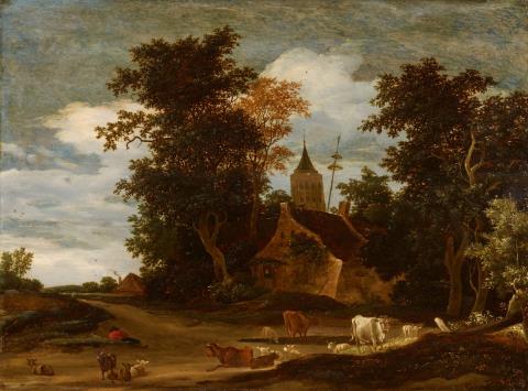 Jacob Salomonsz. van Ruysdael - Bewaldete Landschaft mit Kirchturm und Rindern