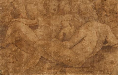 Polidoro da Caravaggio - Studienblatt mit männlichen Akten und Köpfen