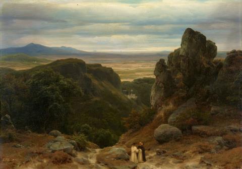 Carl Friedrich Lessing - Landschaft mit einer Burg und zwei Mönchen
