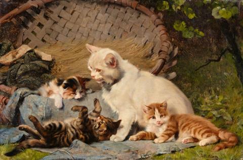Julius Adam the Younger - Mother Cat with three Kittens