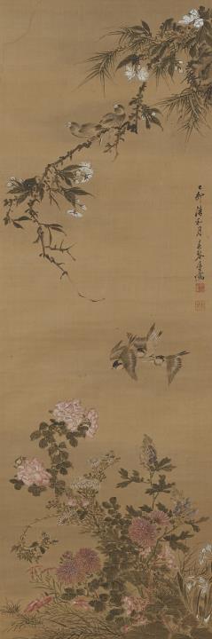 Shunkin Uragami - Hanging scroll, depicting three sparrows above chrysanthemums and autumn flowers, above two birds on a flowering branch. Ink and colours on silk. Dated cyclically tsuchinoto-u (...