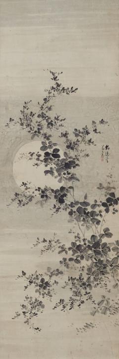  Unidentified painter - Hanging scroll, depicting blossoming hagi underneath a full moon. Ink on paper. Signed and sealed.