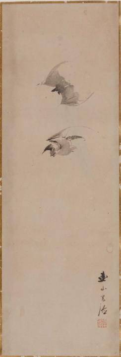 Renzan Kishi - An o-tanzaku, depicting two bats. Ink on paper. Signed Renzan Gantoku and sealed Gantoku. Matted, framed and glazed.