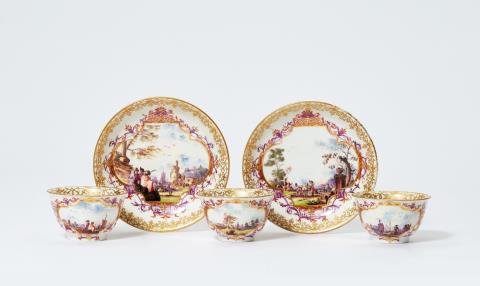 Christian Friedrich Herold - Three Meissen porcelain tea bowls and saucers from a service with merchant navy scenes
