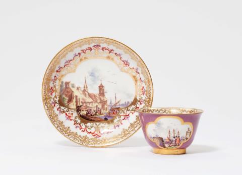 Johann George Heintze - An early Meissen porcelain tea bowl and saucer with merchant navy scenes