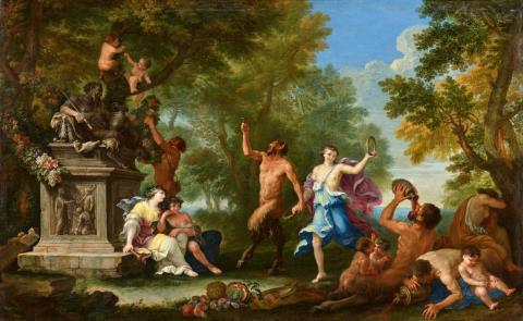 Filippo Lauri - Bacchantinnen, von Pan angeführt, feiern den Weingott Bacchus mit Tanz und Blumengirlanden
