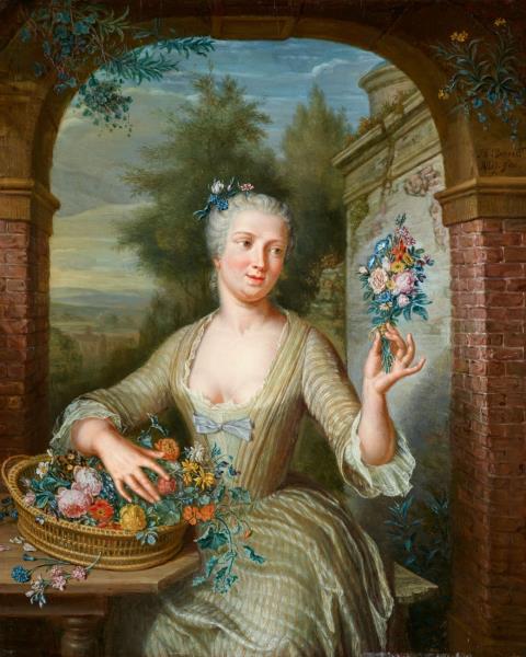 George van der Mijn - Young Lady with a Basket of Flowers by an Arch