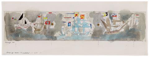 Lyonel Feininger - Design for Mural "SS Constitution". Verso: Segelschiffe und Kreuzer.