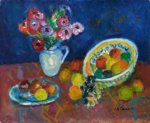Charles Camoin - Bouquet d'anémones - plat et assiette de fruits
