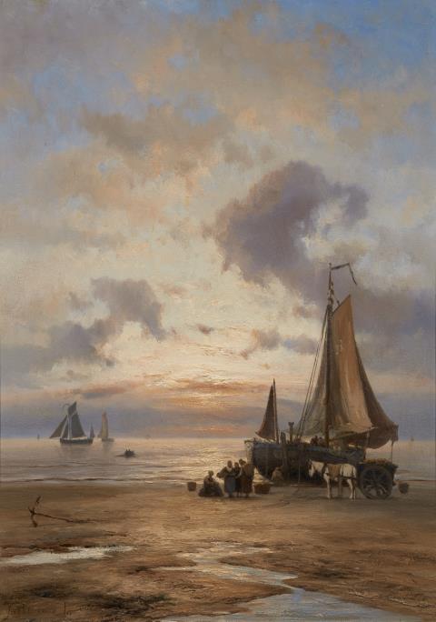 Johannes Herman Barend Koekkoek - Evening Coastal Landscape with Fisherwomen and a Horse Drawn Cart