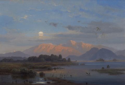 Eduard Schleich d. Ä. - Bayerische Seelandschaft mit Blick auf die Alpen im Abendlicht