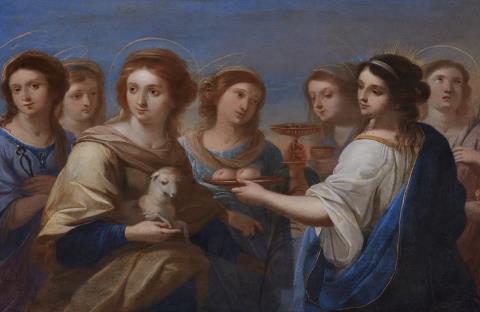 Angelika Kauffmann - Die Heiligen Agnes und Agatha umgeben von fünf weiteren weiblichen Heiligen, darunter Lucia und Apolonia