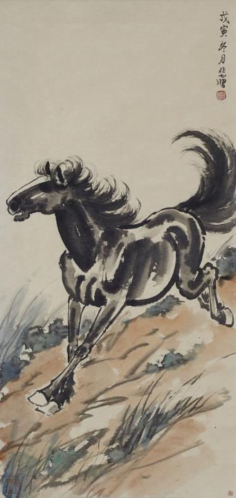 Beihong Xu - A galloping horse. Hanging scroll. Ink on paper. Inscription, dated cyclically wuyin (1938), inscribed Beihong, sealed Yangshuo tian ming, the collector's seal Xia (seal of the ...