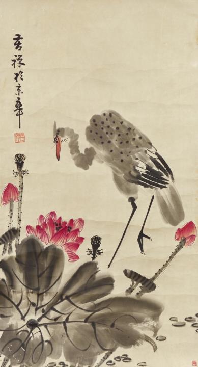 Kuchan Li - A heron in a lotus pond. Hanging scroll. Ink and colour on paper. Inscribed and sealed Kuchan and the collector's seal Xia (seal of the German collector Jerg Haas).