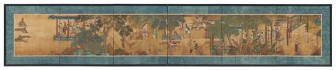Anonymous painter . Qing dynasty - A small six-fold screen with a depiction of the Banquet of Guo Ziyi in the manner of Qiu Ying. Ink and colour on silk. Section from an horizontal scroll. A titleslip to the fron...