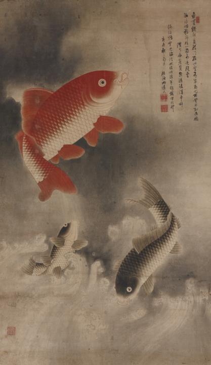 Mingyuan Yan - Three carps swimming to the dragon's gate in billowing spray. Hanging scroll. Ink and colour on paper. Inscription with a 5-word poem by the Tang poet Yuan Zhen, dated cyclicall...