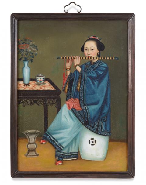 Shining (Giuseppe Castiglione) Lang - Portrait der duftenden Konkubine (Xiang Fei) mit Flöte. Öl auf Leinwand. In chinesischem Hartholzrahmen.