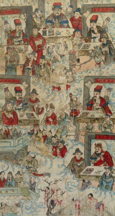 Anonymous painter . 19./20. Jh. - The Great Emperor of the Eastern Peak (Dongyue dadi) and five kings of hell. Ink and colour on paper. Framed and glazed.