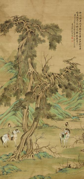 Ning Zhang - Two officials on horseback in the countryside. Hanging scroll. Ink and colour on silk. Inscription, dated cyclically Jingtai yihai (1455), inscribed Zhang Ning and sealed Zhang ...