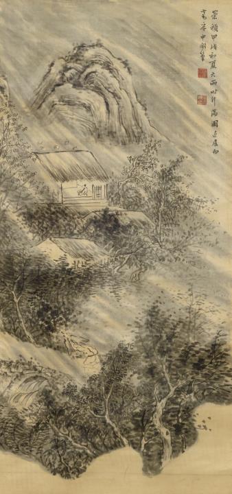 After Zhang Ruitu - A landscape with a thatched cottage in a storm. Hanging scroll. Ink on silk. Inscription, dated cyclically Chongzhen jiaxu (1634), inscribed Ruitu, Bai Hao'an, sealed Bai Hao'an...