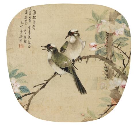 Zhiwan Zhang - Two fan paintings. a) A pair of birds on a prunus blossom branch. Ink and colour on paper. Inscription dated cyclically Wanli guimao (1603), inscribed Wu Bin, sealed Wu and one ...