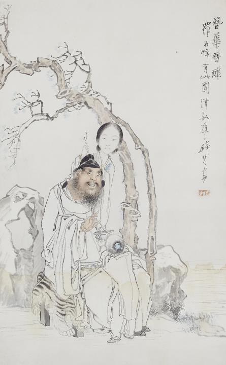 Hui'an Qian - Zhong Kui mit seiner Schwester. Tusche und leichte Farben auf Papier. Aufschrift, sign.: Qian Hui'an und Siegel: Jisheng an. Wasserschaden. Mit Seidenstoffumrandung und unter Gl...