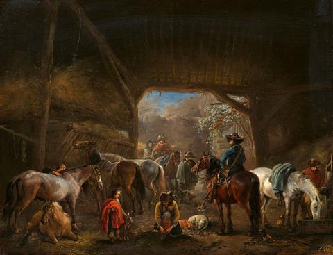 Philips Wouwerman - A horse stable with travellers
