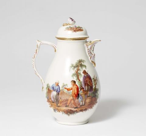 Christian Wilhelm Ernst Dietrich - A Berlin KPM porcelain coffee pot with genre scenes