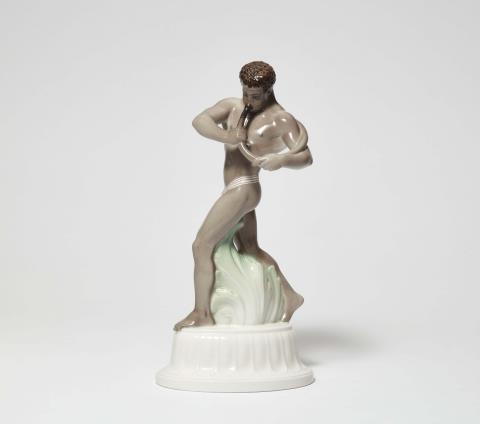 Adolph Amberg - A Berlin KPM porcelain figure of an African man with a horn from Amberg's table centrepiece