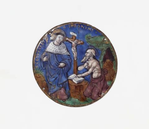 A Limoges enamel plaque with "S. Cloudarde" and "S. Iermonime"