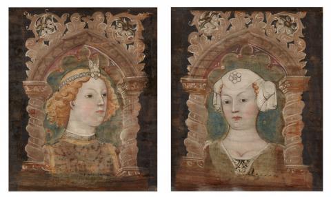 Bonifacio Bembo - Bildnispaar, jeweils eingefaßt in gemaltem gotischem Spitzbogen