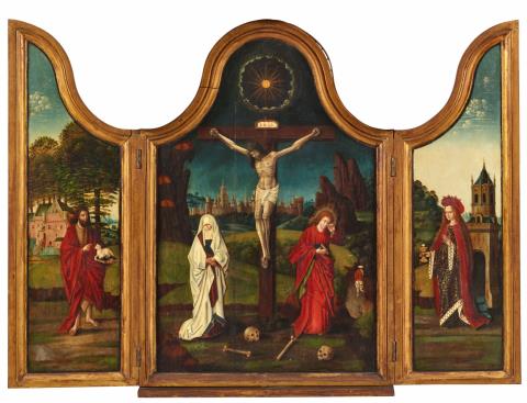  Bruges School - Triptych with the Crucifixion, John the Baptist and St. Barbara