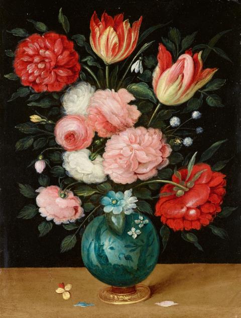 Jan Brueghel the Younger - Roses and Tulips in a Chinese Vase with a Gold Base