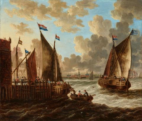 Pieter van den Velde - Zwei Küstenlandschaften mit Schiffen und Ruderbooten bei Antwerpen