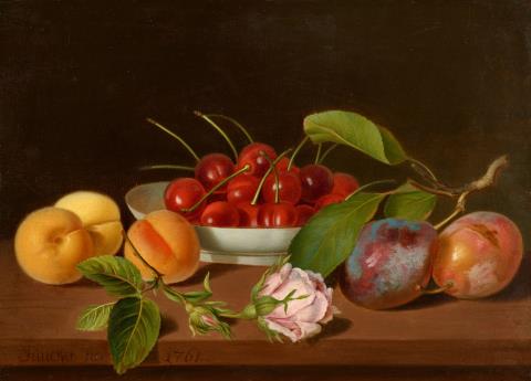 Justus Juncker - Stillleben mit einer Schale mit Kirschen, einem Pflaumenzweig, Aprikosen und einer Rose