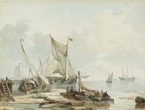 Petrus Johannes Schotel - Uferlandschaft mit beladenen Booten und Segelschiffen