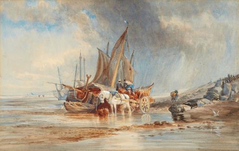Thomas Sewell Robins - Coastal Landscape with Fishermen unloading a Boat