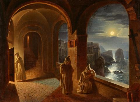 Franz Ludwig Catel - Drei Kartäusermönche in einem Klostergang der Certosa di San Giacomo auf Capri im Mondschein