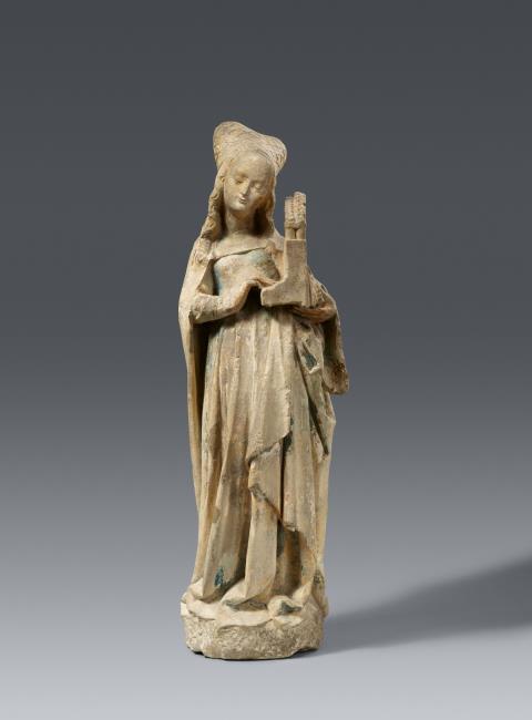 Burgundy - A Burgundian carved limestone figure of Saint Cecilia, first half 15th century