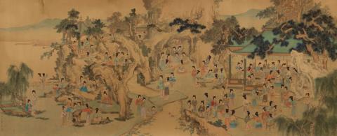 Ying Qiu - Hundert schöne Frauen (Baimei tu). Querrolle (als Hängerolle montiert). Tusche und Farben auf Seide. Bez.: Qiu Ying shifu und Siegel: Shifu.