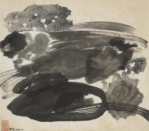 Feng Yu - Abstrakte Komposition. Tusche auf Papier. Datiert: 1985.12, sign.: Yu Feng und Siegel: Gebi guilai (Zurück von der Wüste Gobi). Im Passepartout und unter Glas gerahmt.