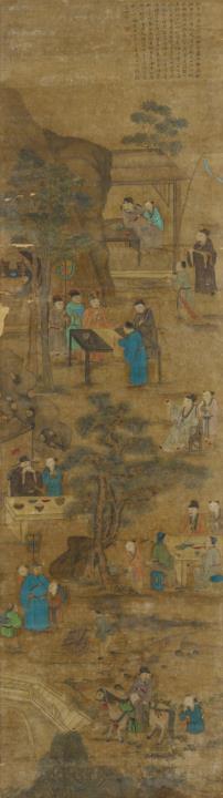 Unidentified artist - The "Eight Immortals of the Wine Cup" as described by the Tang poet Du Fu (712-770) in the poem "Ode of the Eight Immortals of the Wine Cup". Ink and colour on silk. Inscription...