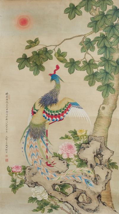 Shijie Shen - A phoenix below a wutong tree. Hanging scroll. Ink and colour on paper. Inscription, dated cyclically bingxu (1886), signed zi ying Shen Shijie and three seals.