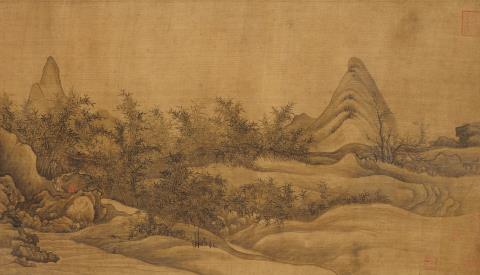 Anonymous painter . Qing-Zeit - A mountainous landscape. Ink a few colours on silk. Collector's seal. With silk mounting, framed and glazed.