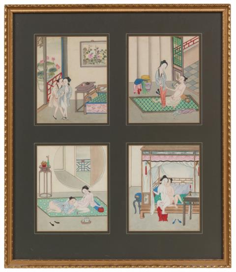 Anonymous painter . Qing dynasty - Four album leaves depicting erotic scenes. Ink and colour on paper. Matted, framed and glazed.