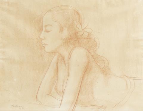 Theo Meier (Theomeier) - Female half nude. Sanguine on paper. Papier. Signed Theomeier 1953. Framed and glazed.